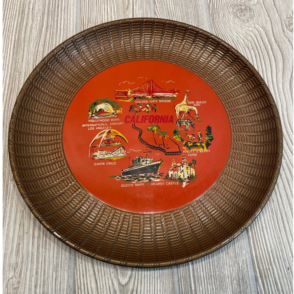 Vintage California Souvenir Tray Red Landmarks Basketweave Border 11.25 Inch